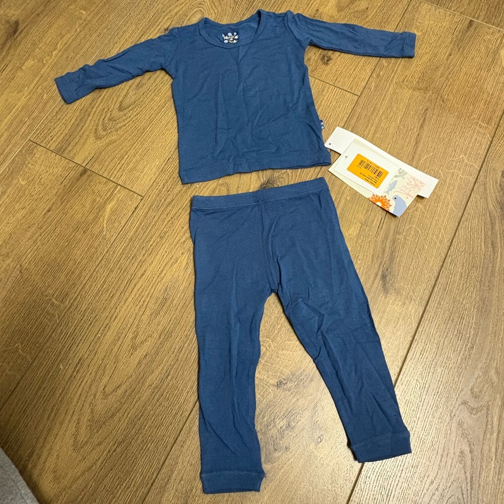 Kickee Pants NWT Basic Long Sleeve Pants Bamboo Pyjama Set Twilight Blue 6-12M